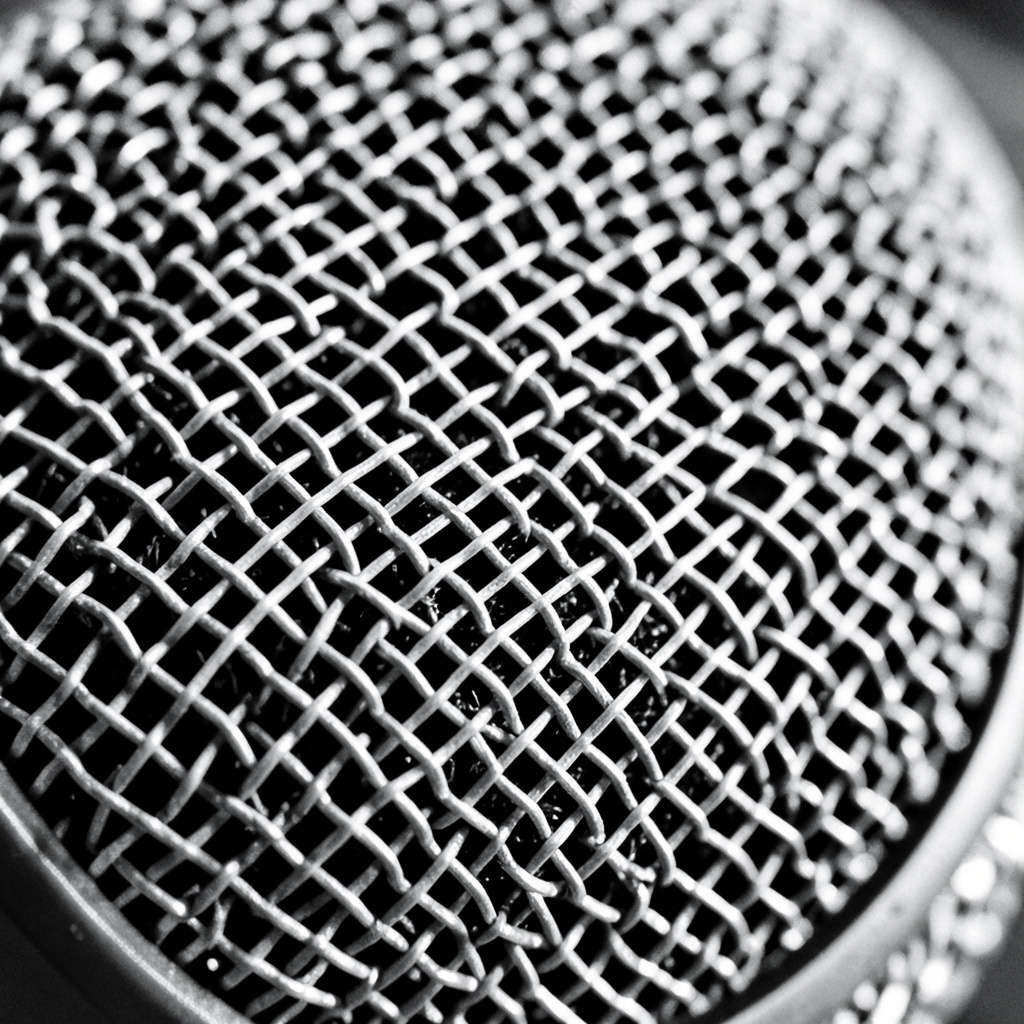 Black-and-white extreme close-up of microphone mesh texture, sharp tonal contrast between dark grille and pale highlights